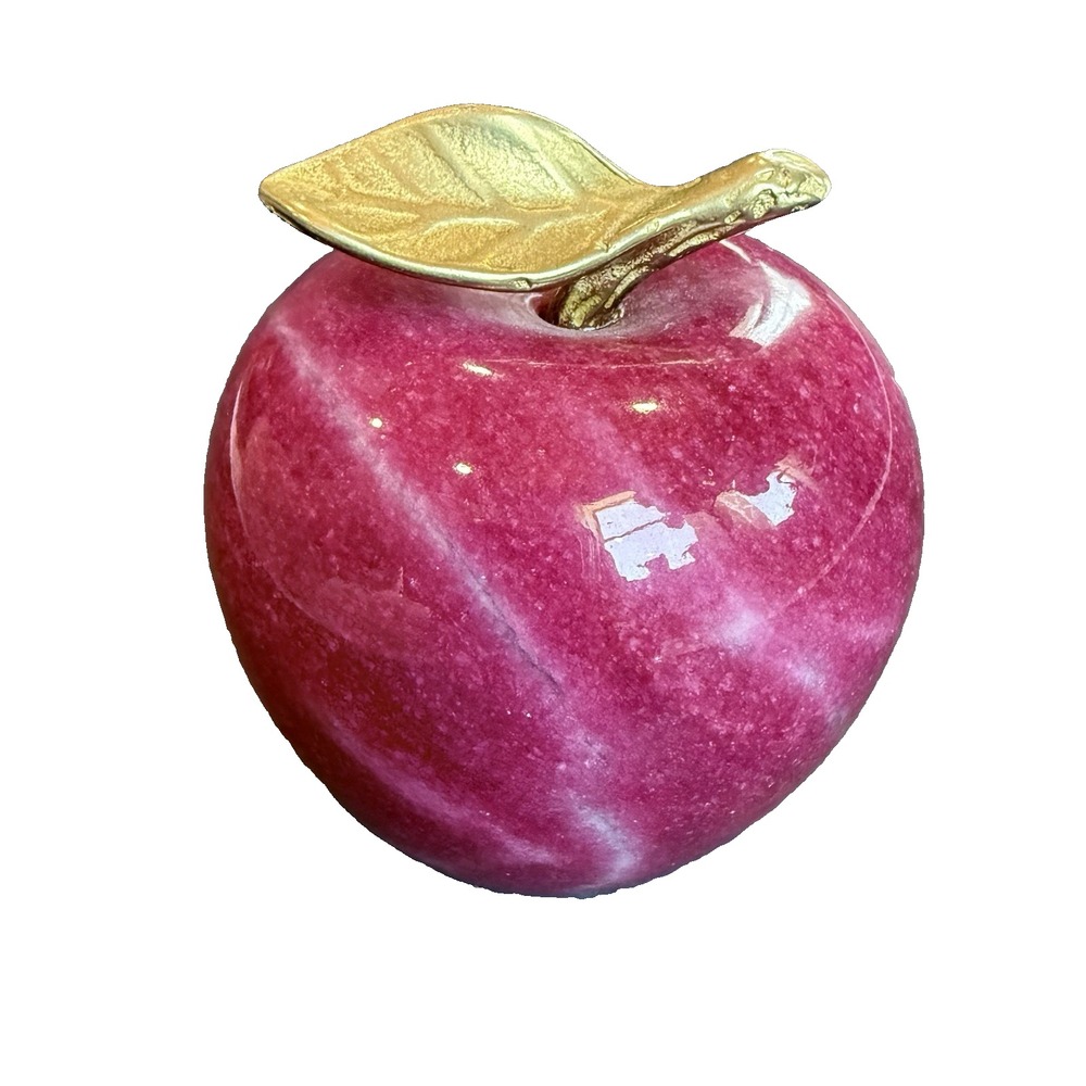 Vintage Marble Brass Apple Fruit Paperweight Mid Century MCM Art Decor Sculpture